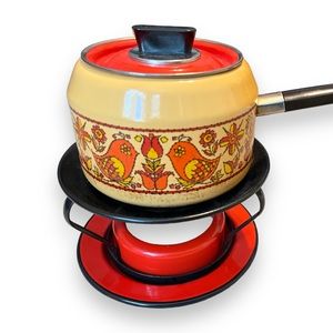 ❤️💚FLASH SALE $40❤️💚VTG 70s Fancipans Trivoli Garden Enamel Fondue Pot Stand